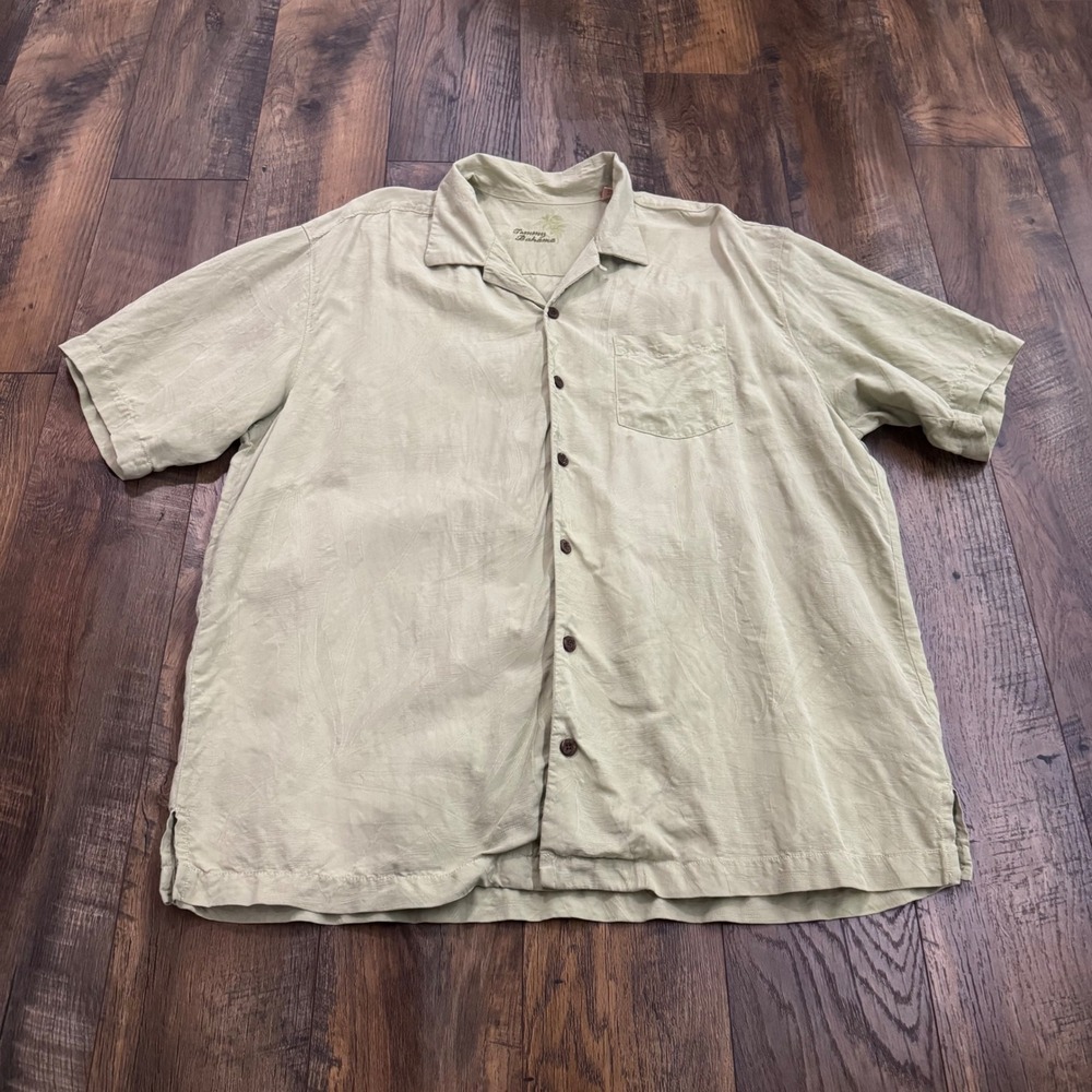 Tommy Bahama Mens XL 100% Silk Short Sleeve Button‎ Up Sage Green Hawaiian Shirt